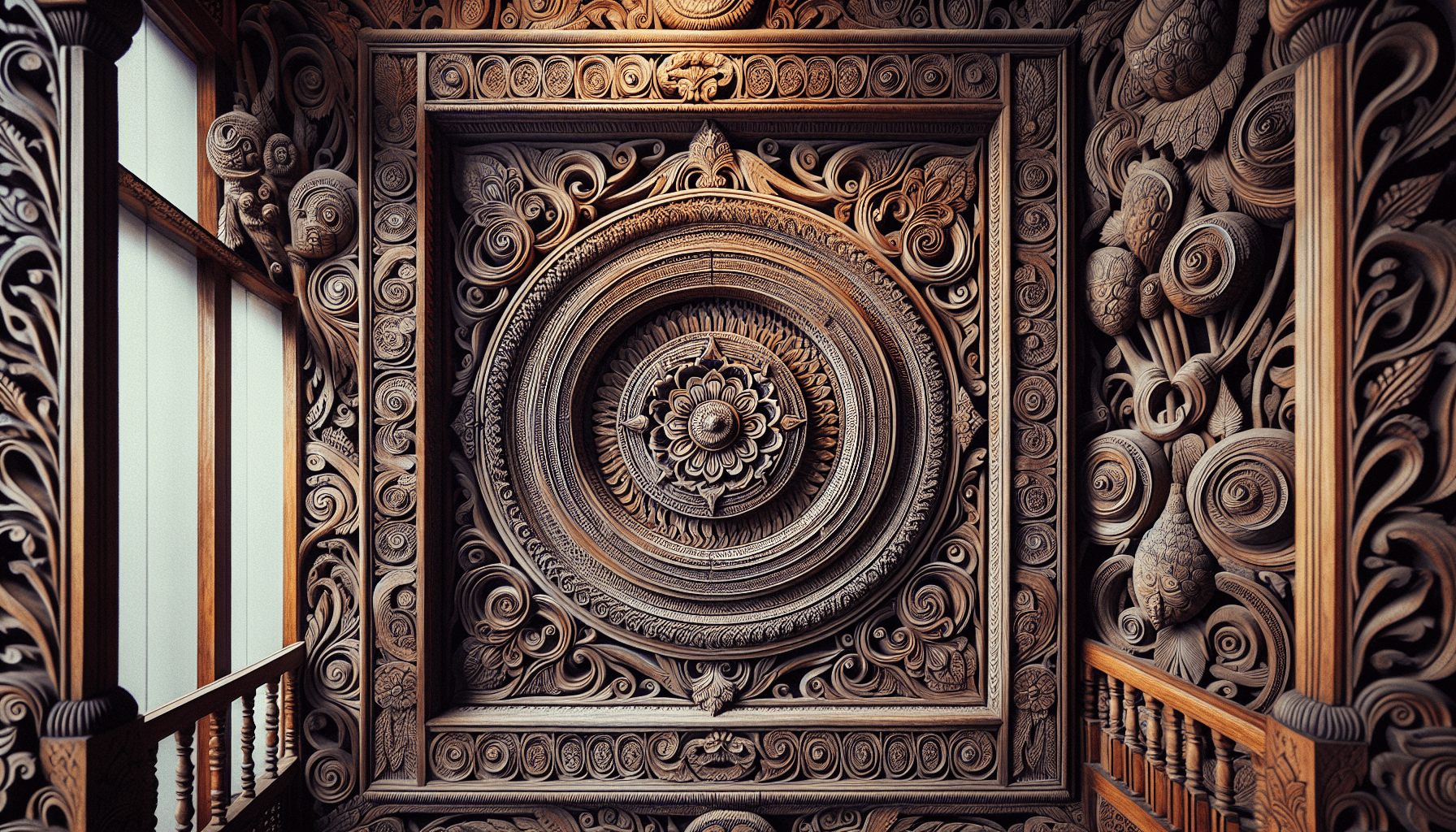 A carved wood wall with a flower and a round design