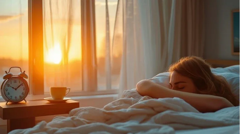 Morning light and an alarm clock beside a bed, the time of day to fill in a sleep diary