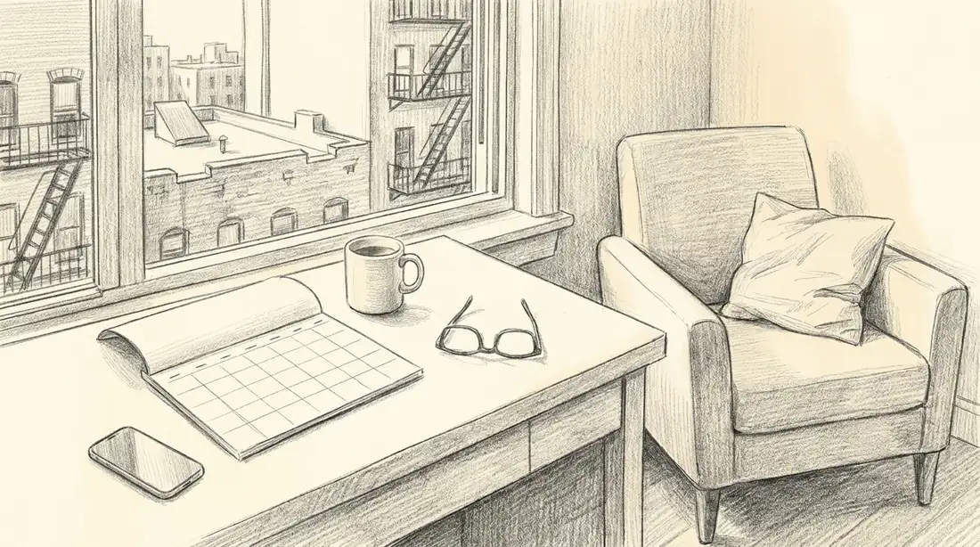 Pencil sketch of a desk by a window in a Queens apartment with an open wall calendar, a mug, reading glasses and a phone, next to an armchair with a pillow
