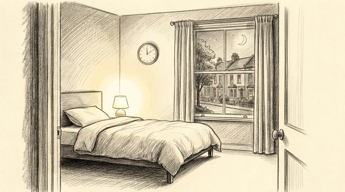 Pencil sketch of a calm sleep room at night with a made bed, a bedside lamp and a window onto a quiet Queens street